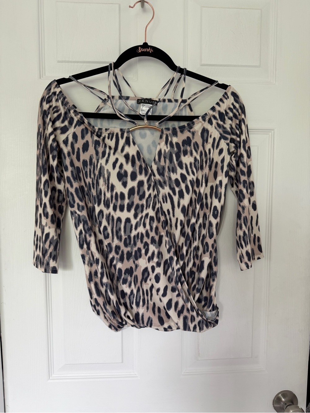 VENUS Leopard Print Wrap Top in Beige and Black (open shoulder design)
